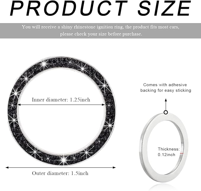 Car Bling Crystal Rhinestone Engine Start Ring Decals, Sparkling Diamond Car Push Start Button Ignition Ring Sticker, Auto Key Ignition Knob Ring Decoration for Women Girls (Black)