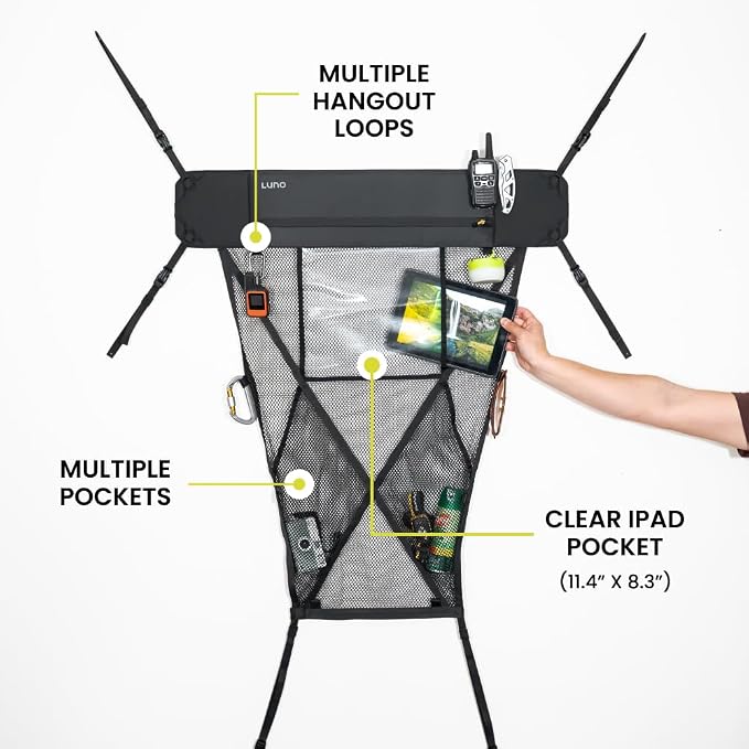 LUNO Ceiling Cargo Net - Car Roof Storage w/Multiple Pockets, Hangout Loops & Tab Pocket for Long Road Trip & Camping - 36" x 52" Car Camping Essentials Organizer for SUV - XL