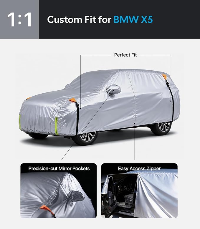 Wigoo BMW X5 Car Cover Accessories 2007-2026, Custom Fit Waterproof All Weather Outdoor Full SUV Cover, Windproof Sun UV Rain Snow Dust Protection, Door Zipper, Reflective Strips
