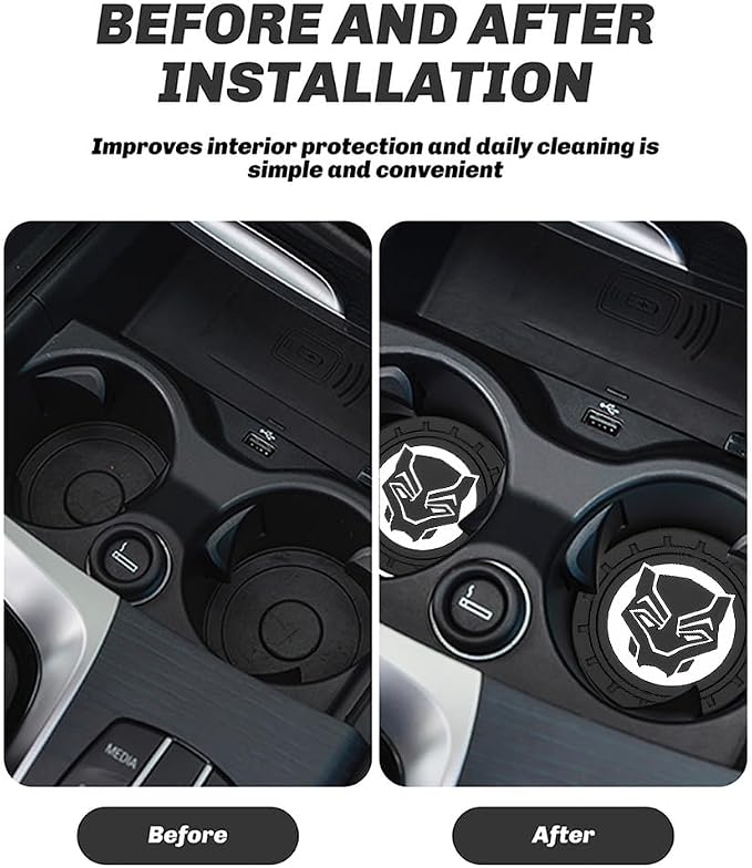 2Pcs Car Cup Holder Coasters for Black Panther Marvel Fans, Silicone Non-Slip Drink Mats, Cup Mats for Car Interior Accessories, Universal Anti-Spill Coaster Insert