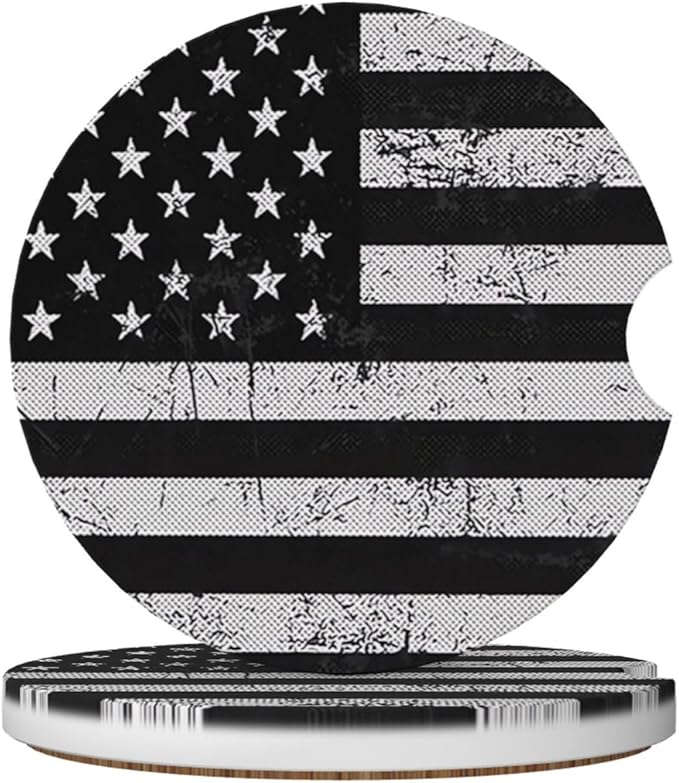 Black White American Flag Absorbent Ceramic Car Coasters for Cup Holders, 2.56" Anti Slip Insert Cup Coasters for Women Men (2 PCS)