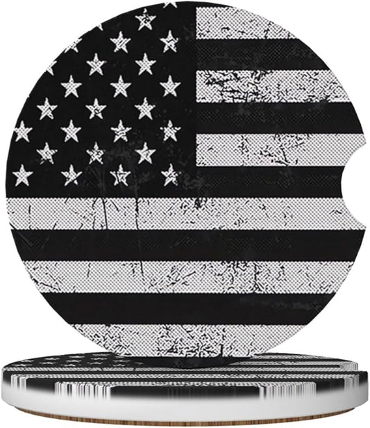 Black White American Flag Absorbent Ceramic Car Coasters for Cup Holders, 2.56" Anti Slip Insert Cup Coasters for Women Men (2 PCS)
