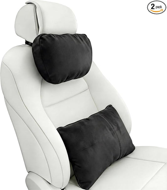 2PCS Car Pillow for Car Neck Pillow for Driving Seat Neck Support Soft Cushion Back Support Head-Rests for Vehicle Sleeping with Elastic Adjustment Strap (Black, Head and Lumbar)