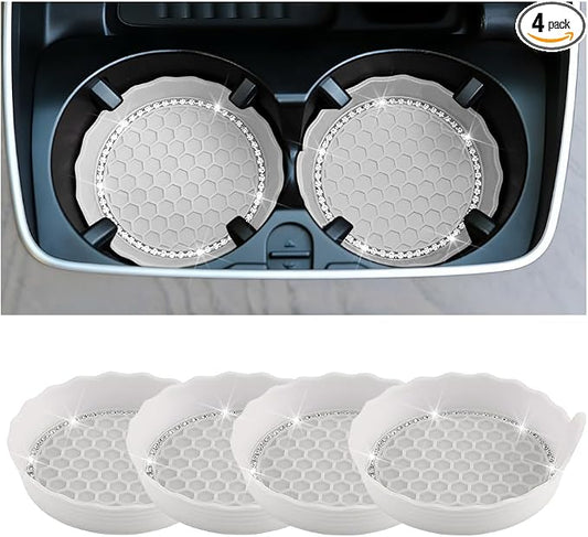 HZEL 4PCS Bling Car Cup Holder Coaster, Shiny Crystal Rhinestone Silicone Dustproof Drink Cup Insert Pad, Dazzling Automotive Interior Water Bottle Holder Embedded Mat, Universal Fit (Gray)