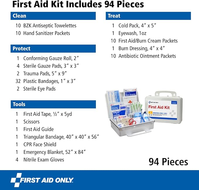First Aid Only 91324 ANSI A 2021 and OSHA Compliant First Aid Kit, 25-Person Emergency First Aid Kit for Business, Home, Car, and Worksites, 94 Pieces