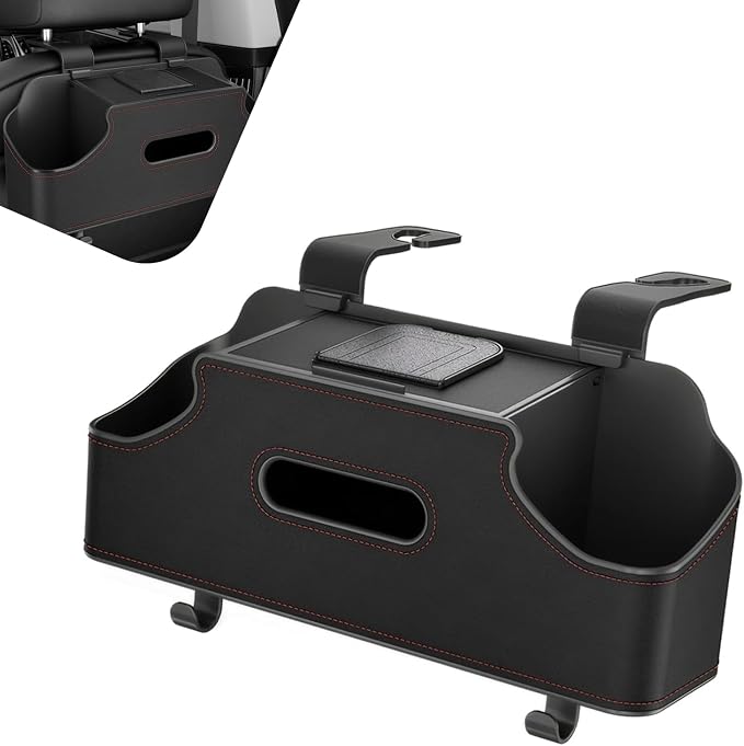 1 PC Backseat Organizer with Dual Cup Holder, Multi-function Tissue Hanging Box and 2 Hooks, Extra Rear Seat Road Trip Storage Accessories, Universal for Most Cars, Trucks, SUVs (Black)