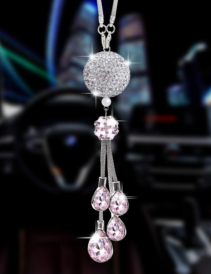 Bling Car Accessories for Women and Man,Cute Car Decor for Women,Lucky Crystal Sun Catcher Ornament,Rear View Mirror Crystal Ball Charm Decor (30 mm Clear)(Pink)