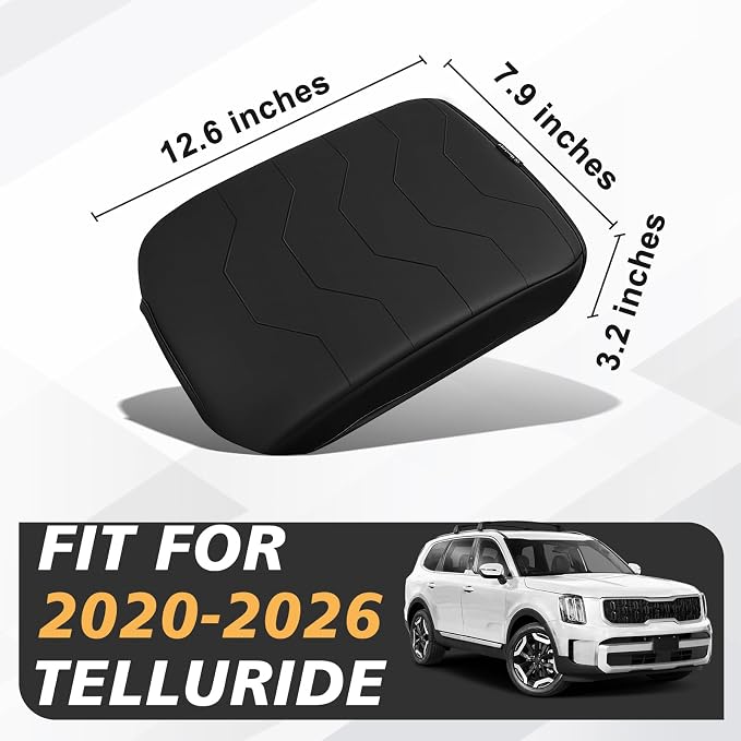 Muslogy Center Console Armrest Cover Fit for Kia Telluride 2020-2025 2026 Accessories, Comfort Armrest Pad Console Lid Cushion Vegan Leather Regular Thick