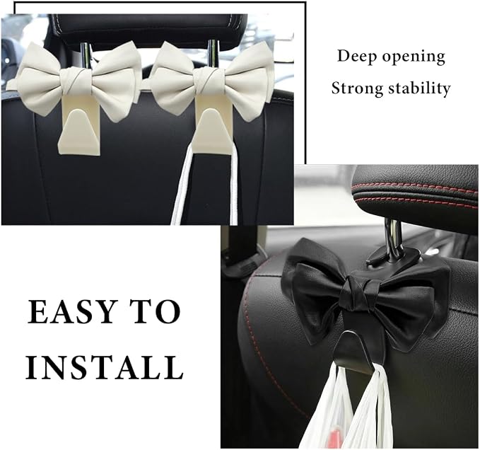 2 PCS Car Seat Headrest Hooks, Cute Bow Shaped Vehicle Backseat Purse Holder Storage Hook, Bow Knot Seat Back Hooks Hanging Organizer for Coat Umbrellas Grocery Bag (White)