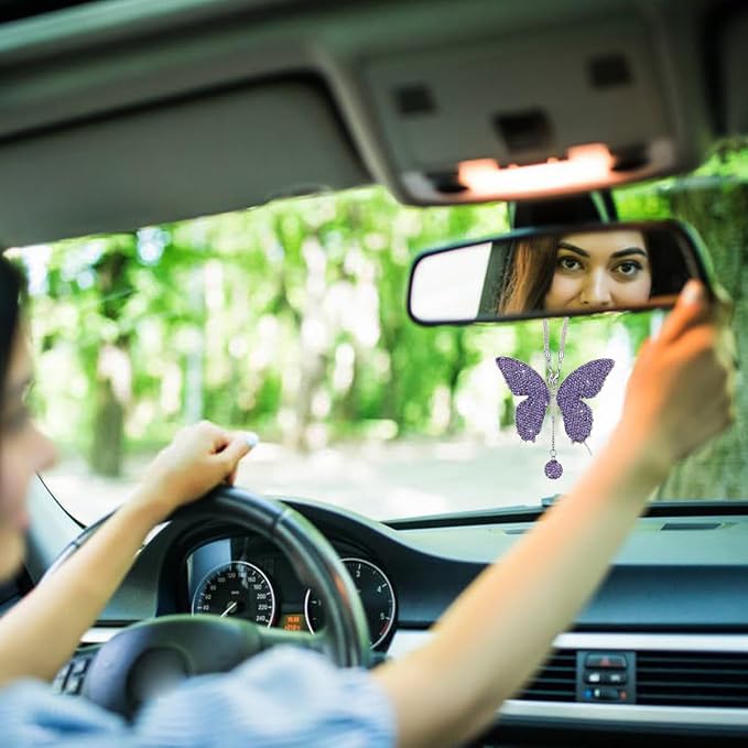 JOYCOURT Bling Butterfly Diamond Car Hanging Accessories for Women, Green | Crystal Butterfly Rear View Mirror Luck Car Decoration Accessories, Valentine's Day Presents Ornament Pendant for All Cars