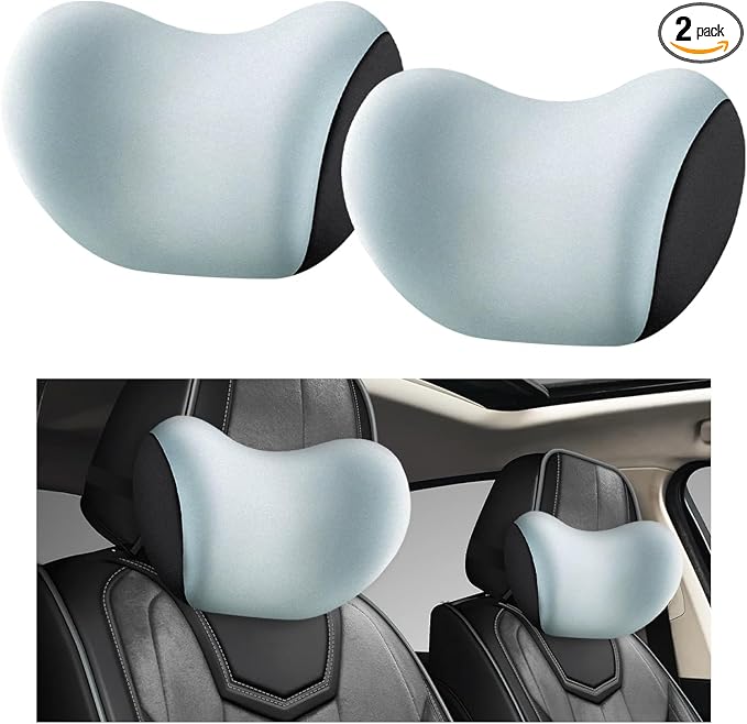 2 PCS Car Headrest Cushion, Ergonomic Memory Foam Car Neck Back Support w/Removable Cover, Universal Breathable Lumbar Cushion Headrest Pillow with Adjusatble Strap (Sky Blue)