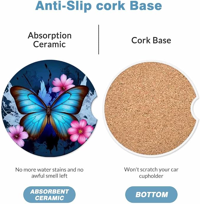 Beautiful Butterfly Car Cup Holder Coaster 2 Pack Absorbent Ceramic Car Coasters for Cup Holders Car Accessories Interior for Women Men Universal Anti Slip Cork Base Cup Coasters with Finger Notch