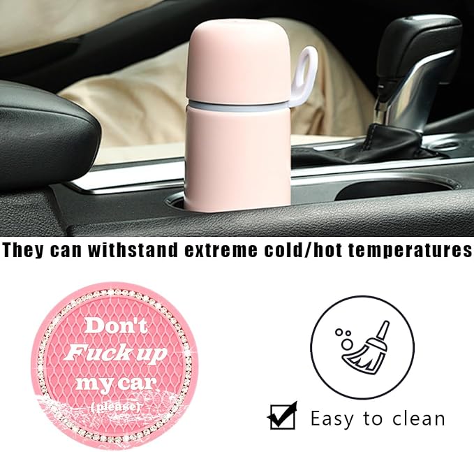 2 PCS Bling Car Cup Coaster, 2.75 Inch Anti-Slip Cup Holder Insert Coasters, Crystal Rhinestone Auto Drink Car Cup Mat for Women Girls, Universal Interior Car Accessories (Pink)