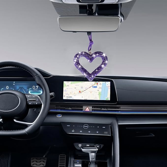 Mandark Bling Heart Car Hanging Accessories, Crystal Rhinestone Vehicle Rear View Mirror Charm Pendant Ornaments, Cute Diamond Auto Interior Hanger Decoration for Women Girls（Purple）