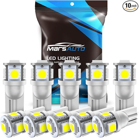 Marsauto 194 LED Bulb 6000K White 168 T10 2825 W5W 5SMD Replacement Bulbs for Car Dome Map Door Courtesy Side Marker Reading Glove Box License Plate Lights (Pack of 10)(Clear Lens Side Marker)