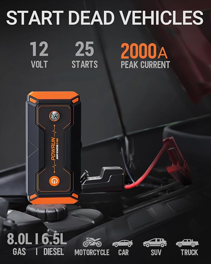 Powrun P-ONE Jump Starter, 2000A Portable Jump Box - Car Jump Starter Battery Pack for up to 8.0L Gas and 6.5L Diesel Engines, 12V Battery Jump Starter with Carry Case (Orange) | Up to 8.0L Gas Engine, 6.5L Diesel Engine, Includes Carry Case, Portable ...