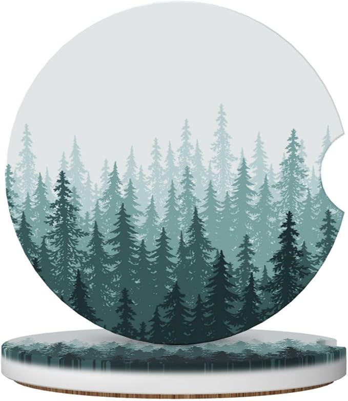 Green Forest Car Coasters for Cup Holders,2 Pack Car Cup Holder Coasters for Car,Ceramic Absorbent Car Coaster with A Finger Notch and Cork Base,Car Interior Accessories for Women Men