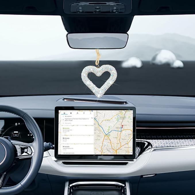 Mandark Bling Heart Car Hanging Accessories, Crystal Rhinestone Vehicle Rear View Mirror Charm Pendant Ornaments, Cute Diamond Auto Interior Hanger Decoration for Women Girls（AB Color）