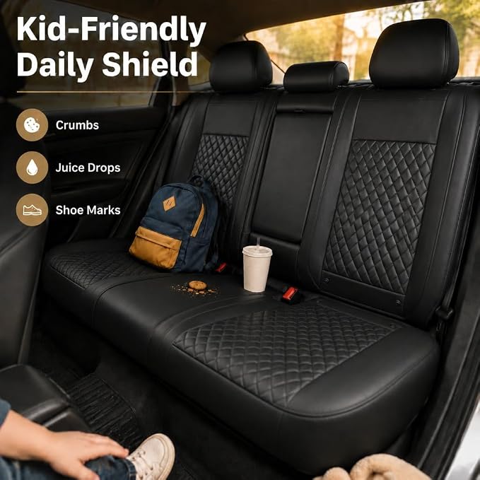 Black Thick Nappa Leather 3D Contoured Automotive Car Seat Covers Full Set | Univerasal Precision Fit,Lumbar Support,3D Contoured,Semi Coverage,Waterproof,ThickTexture,for most Suvs Trucks Sedans