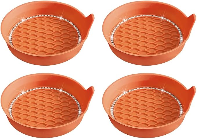 4PCS Bling Car Cup Holder Coaster, Crystal Rhinestone Insert Dustproof Non-Slip Drink Cup Mat, Diamond Shockproof Auto Interior Water Bottle Pad Cushion Coaster, Universal Fit (Orange Red)