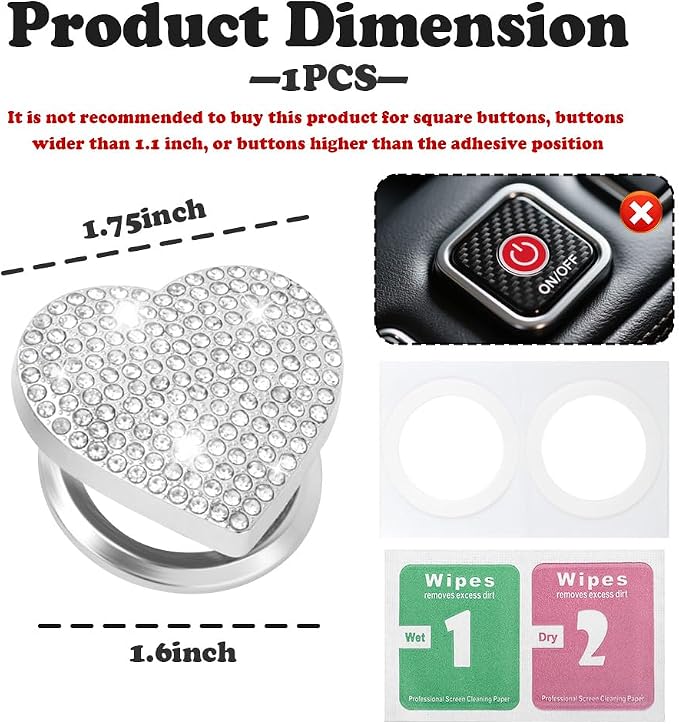 Bling Push Start Button Cover with Rhinestone,Heart Push to Start Button Cover for Car Decor,Diamond Engine Start Buttons Cover Car Accessories Interior for Women & Girl (White)