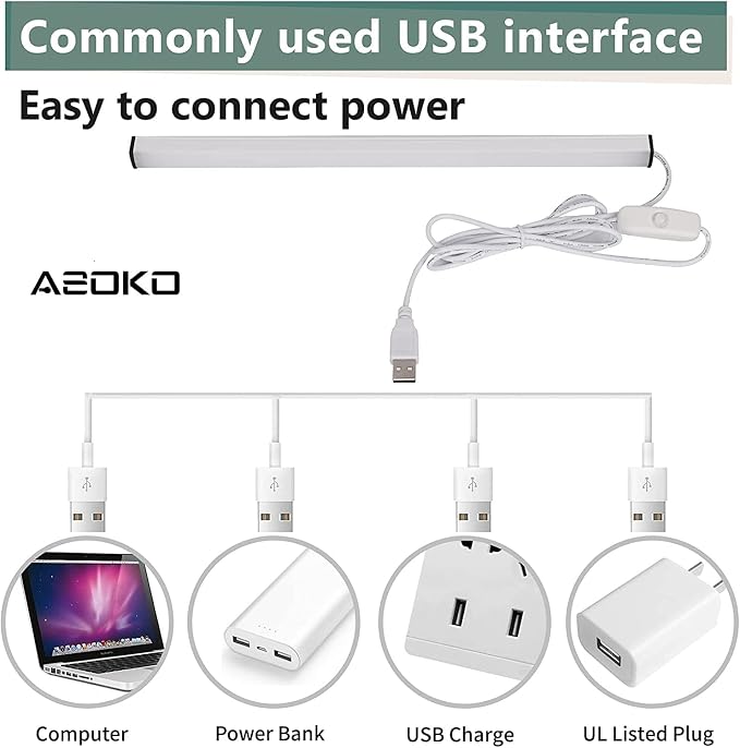ASOKO 12 Inch Under Counter Light 6000K (Without Plug | ASOKO 12" Under Cabinet LED Light Strip, 6000K Plug in Counter Light for Kitchen Desk Closet Workbench, No Plug