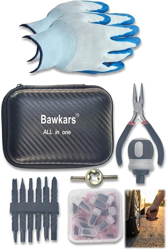 Tire Repair Rubber Nail Kit with Ratcheting Screwdriver, Needle-Nose Pliers & Organizer Case, Fast Self-Service Tool for Car, Truck, Motorcycle, Tractor Tire Puncture Repair