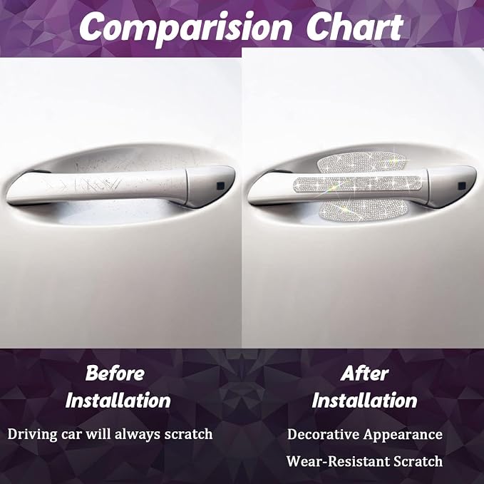 10PCS Car Door Handle Bling Rhinestones Stickers, Sliver | Universal Auto Door Handle Safety Reflective Strips, Cute Things for Car
