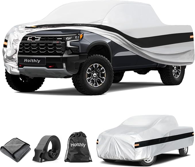 10 Layers Truck Cover Waterproof All Weather Custom Fit Chevrolet Silverado 1500(1998-2026) Extended/Crew Cab Short Bed, Outdoor Full Exterior Pickup Car Cover Sun Rain Snow Protection. Sliver