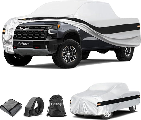 10 Layers Truck Cover Waterproof All Weather Custom Fit Chevrolet Silverado 1500(1998-2026) Extended/Crew Cab Short Bed, Outdoor Full Exterior Pickup Car Cover Sun Rain Snow Protection. Sliver