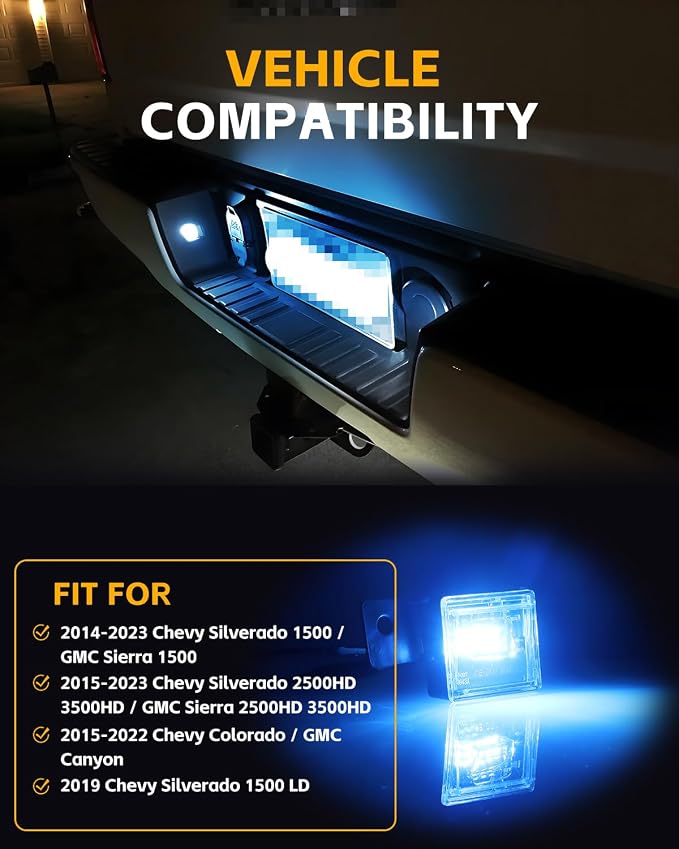 LED License Plate Lights Fit for 2014-2023 Chevy Silverado GMC Sierra 1500 2500HD 3500HD Pickup Truck, Led Rear Tag Lamp for 2015-2022 Colorado,2015-2022 GMC Canyon, 6000K Bule Light, 2 Pcs