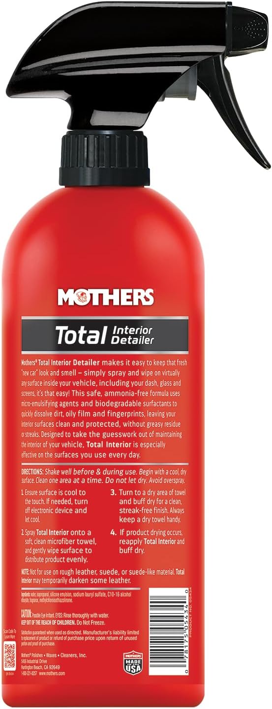 Mothers Total Interior Detailer, 24 oz. (05434) | Cleans & Protects Dash, Glass, Screens, Ammonia-Free Formula Removes Dirt, Oily Film & Fingerprints, No Streaks or Residue
