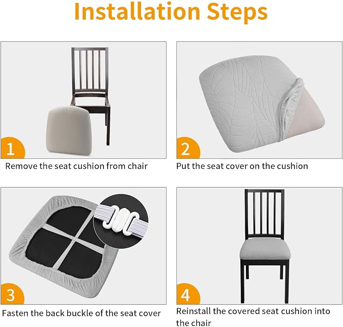 Fuloon Waterproof Chair Seat Covers 6 PCS, Stretch Cushion Covers Washable Dining Room Seat Slipcover Removable Kitchen Chair Protector (6, Light Grey)