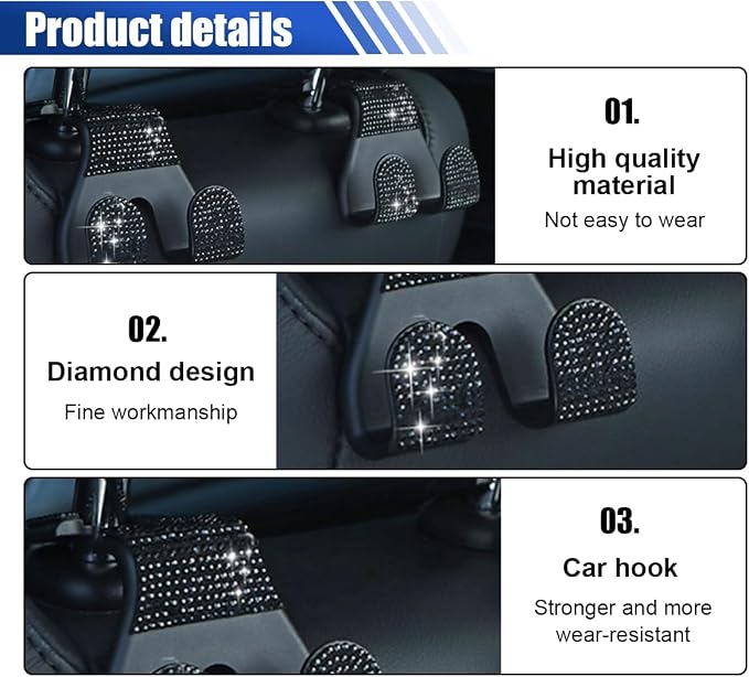 2PCS Car Seat Headrest Hooks, Shiny Crystal Hanger Holder, Backseat Hanger Storage Organizer, Bling Rhinestone Car Purse Hook, Car Accessories for Women Universal for SUV Truck Vehicle (Black)