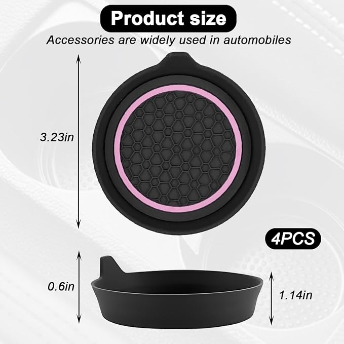 HZEL Car Cup Holder Coasters, 4PCS Non Slip Waterproof Vehicle Water Bottle Pads, Recessed Automotive Interior Drink Mat Decoration Accessories, Universal for SUV Sedan Truck (Pink/Black)