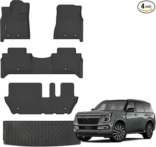 Floor Mats for 2025 Nissan Armada 8 Seats Upgrade Trunk Mat All Weather Floor Liners TPE Rubber Cargo Liner Fit for Nissan Armada 2025 Anti-Slip Full Set Automobile Mats Accessories