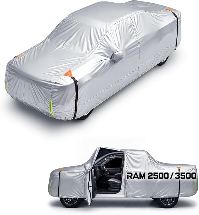Wigoo Dodge Ram 2500 3500 Truck Car Cover Accessories, Custom Fit Waterproof All Weather Outdoor Pickup Cover, Windproof UV Rain Snow Dust Protection, Door Zipper, Reflective Strips, Breathable Design