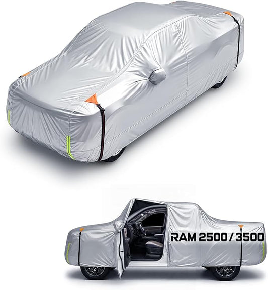 Wigoo Dodge Ram 2500 3500 Truck Car Cover Accessories, Custom Fit Waterproof All Weather Outdoor Pickup Cover, Windproof UV Rain Snow Dust Protection, Door Zipper, Reflective Strips, Breathable Design