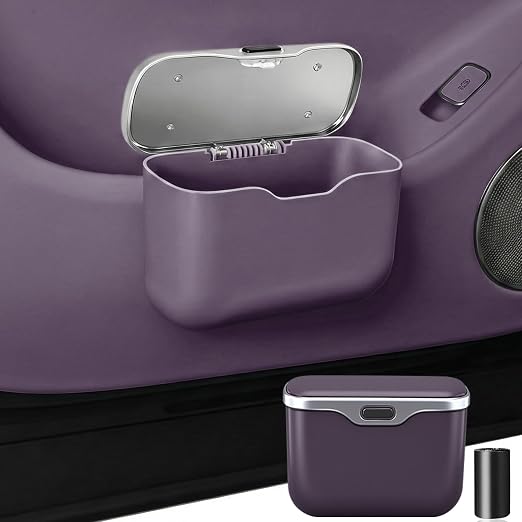 Hanging Car Trash Can, Leakproof Garbage Bin with Lid, Purple | ABS Construction, Clip-On Door/Back Seat Pocket Mount, Waterproof Liner, Push-Top Opening, For Suvs, Trucks, Sedans, Vans