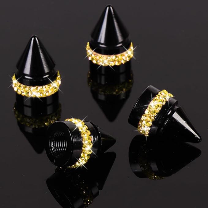 ToBeQueen Bling Yellow Tire Valve Caps, Handmade Crystal Rhinestone Dimand Tire Caps, 4 Pack Aluminum Alloy Universal Valve Stem Caps Bling Car Accessories for Women(Yellow)