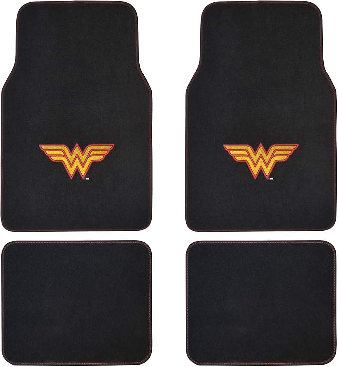 BDK Warner Brothers DC Comics Classic Wonder Woman Licensed Auto Carpet Floor Mats, Universal Fit 4PC Set Front & Rear for Car Truck Van SUV