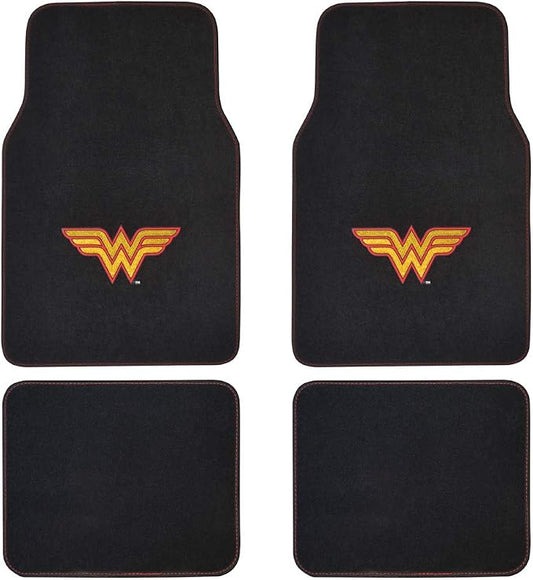 BDK Warner Brothers DC Comics Classic Wonder Woman Licensed Auto Carpet Floor Mats, Universal Fit 4PC Set Front & Rear for Car Truck Van SUV