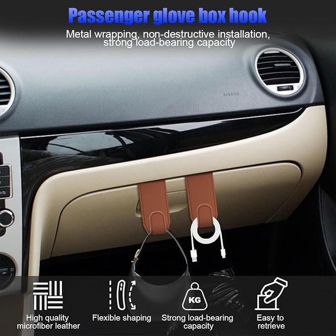 Bittwee 2PCS Car Glove Box Hooks Passenger Storage Hangers Orange | Microfiber leather, snap-in install, hangs bags umbrellas, fits most cars SUVs and trucks, car interior accessories
