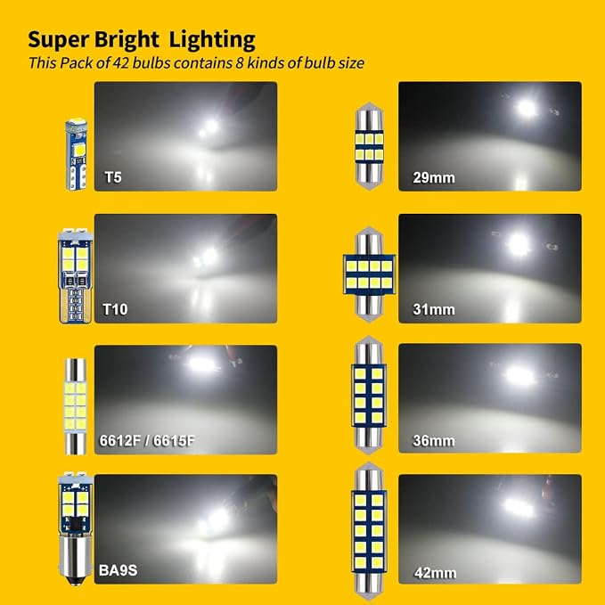 EBAIFUN 42-Pack White LED bulbs Kit for Car Truck Interior Map Dome Light | Vanity Mirror Trunk Courtesy License Plate Light DE3175 6418 6411 T10 2825 BA9S 64111 T5 74 6612F 6615F 31mm 36mm 41mm Size