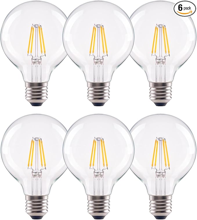 G25 LED Globe Light Bulbs, 60W Equivalent 500 Lumens, E26 Base Dimmable Neutral White 3500K, CRI 90+ Edison Vanity Light Bulbs for Bathroom Mirror, Bedroom, Kitchen, Clear Glass, 6 Pack