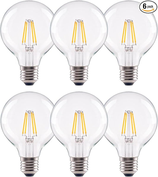 G25 LED Globe Light Bulbs, 60W Equivalent 500 Lumens, E26 Base Dimmable Neutral White 3500K, CRI 90+ Edison Vanity Light Bulbs for Bathroom Mirror, Bedroom, Kitchen, Clear Glass, 6 Pack