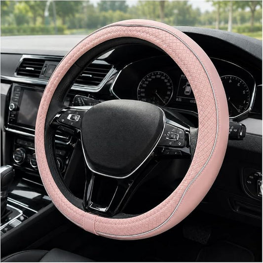 Car Steering Wheel Cover, 15 Inch Anti-Slip Breathable Leather Auto Steering Wheel Protector, Full Surround Soft Steering Wheel Cover for Men Women, Car Interior Accessories (Pink & White)