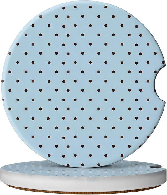 2 Pack Car Coasters for Cup Holders, Absorbent Ceramic Cup Coaster with Cork Base and Finger Notch, Cute Car Accessories Interior for Women Men (Blue Polka Dots)