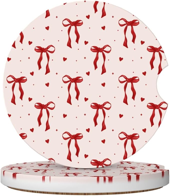 Cute Red Bow Car Coasters for Cup Holders,2 Pack Car Cup Holder Coasters for Car,Ceramic Absorbent Car Coaster with A Finger Notch and Cork Base,Car Interior Accessories for Women Men