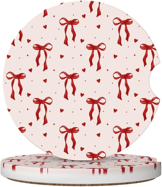 Cute Red Bow Car Coasters for Cup Holders,2 Pack Car Cup Holder Coasters for Car,Ceramic Absorbent Car Coaster with A Finger Notch and Cork Base,Car Interior Accessories for Women Men